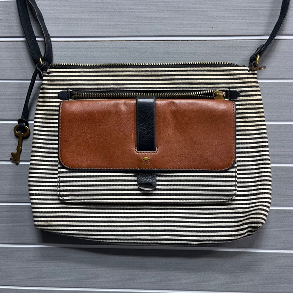 Fossil Striped Canvas Leather Crossbody Bag Tan Black Key Charm Shoulder Bag - Picture 1 of 13
